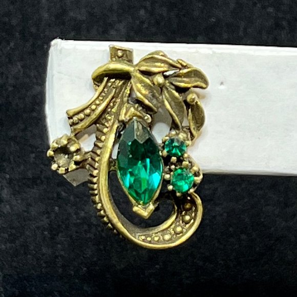 VTG Coro Gold Tone & Green Rhinestone Screw Back Earrings Missing Stone (3520) - Picture 3 of 7